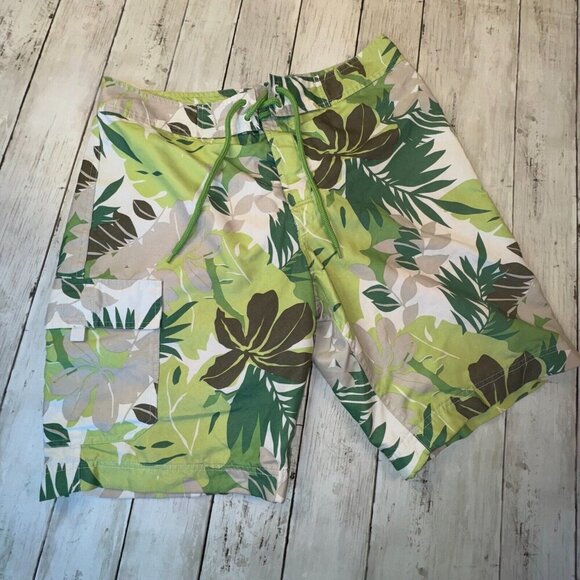 Gap Board Shorts Mens M Green Hibiscus Drawstring Tie Nylon Swimwear - Picture 2 of 6
